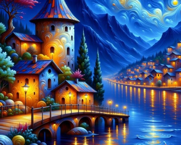 Whimsical Village Scene by a Shimmering Lake