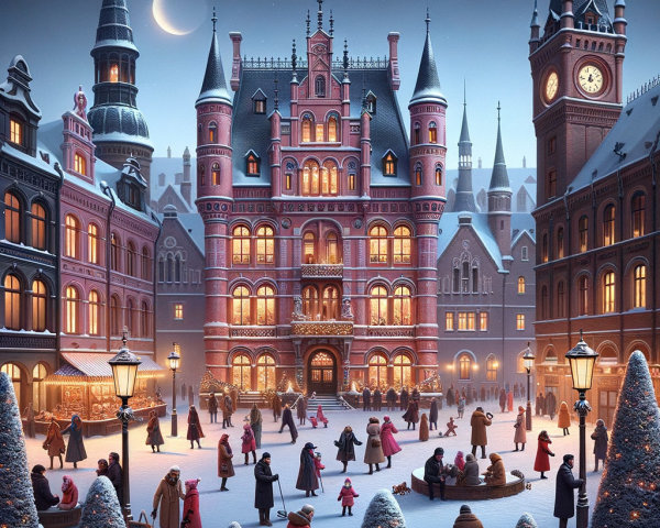 Winter Town Square with Festive Lights and Snow