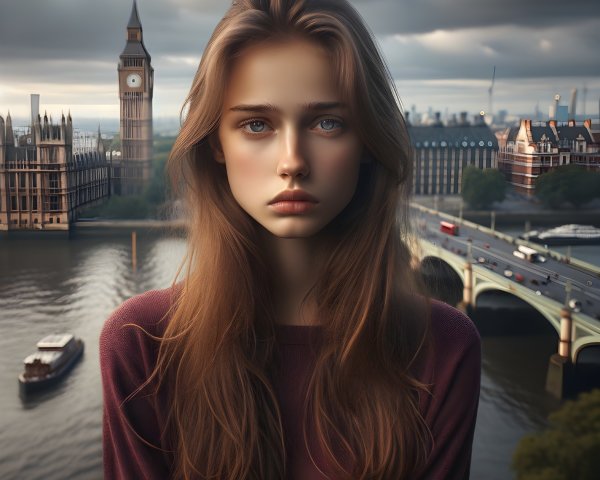 Young Woman with Brown Hair in London Scene