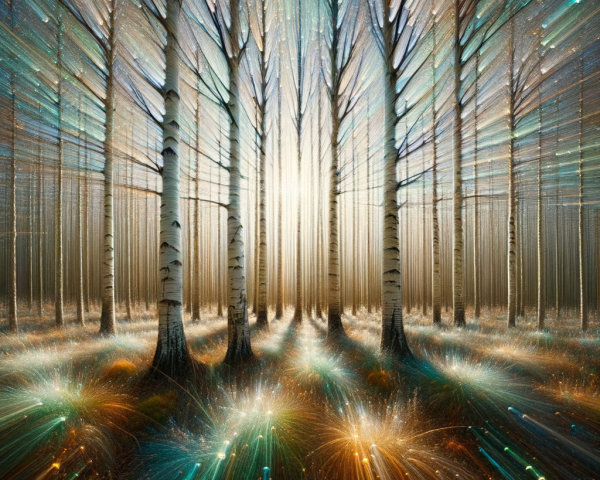 Ethereal Birch Tree Forest with Glowing Lights