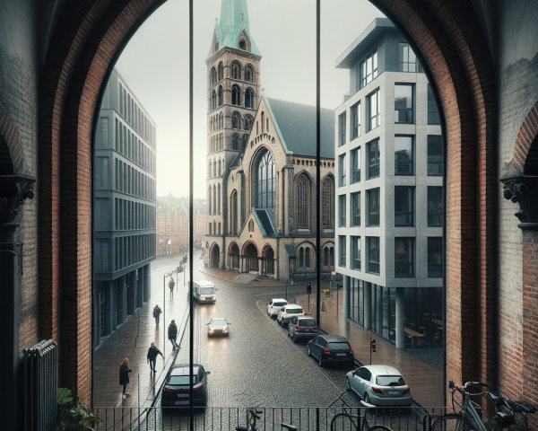 View of Historic Church and Modern Architecture Through Window