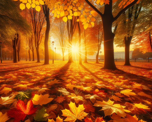 Vibrant Autumn Scene with Golden Leaves and Sunset