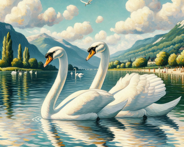 Elegant Swans on a Serene Lake with Lush Greenery