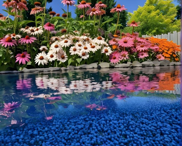 Vibrant Garden Scene with Colorful Flowers and Pool