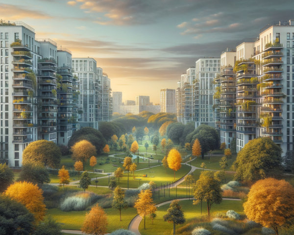 Urban Landscape with Modern Apartments and Park