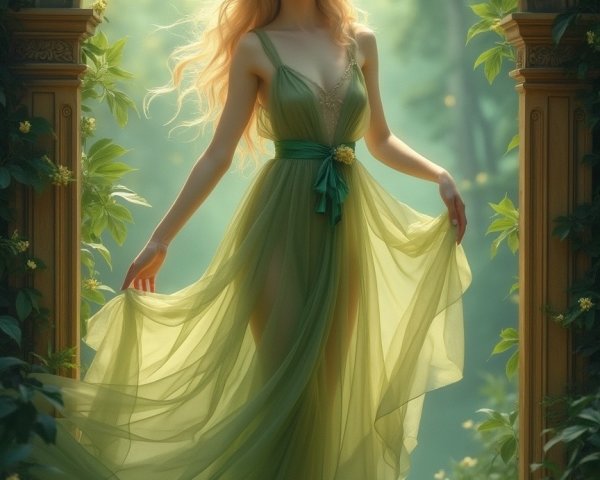 Serene figure in an ethereal garden with flowers