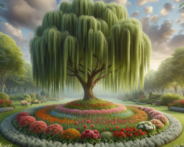 Willow Tree Surrounded by Colorful Flower Beds in Garden