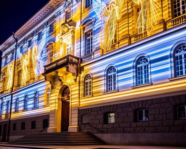 Nighttime Projection on Grand Stone Building Facade