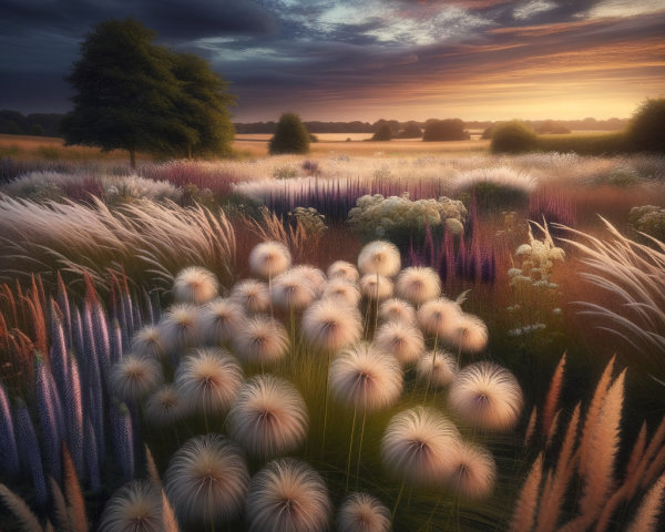Tranquil Dusk Landscape with Wild Grasses and Water