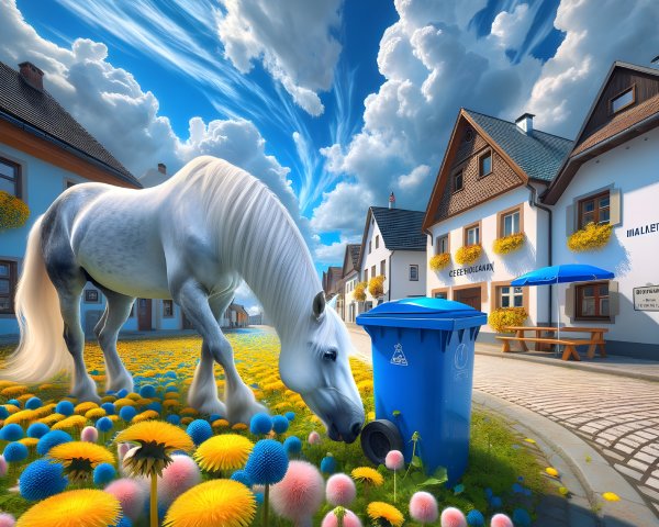 Vibrant Village Scene with Horse and Colorful Garden