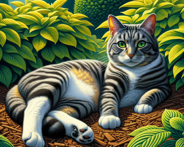 Tabby Cat Relaxing in Lush Green Garden Setting