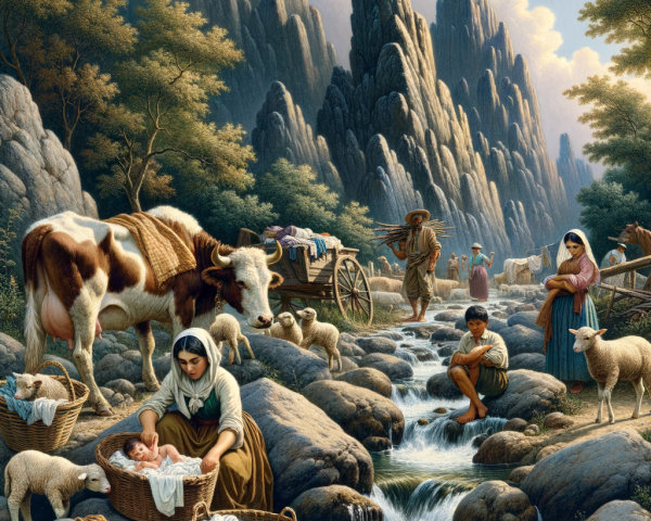 Rural Life by a Stream in a Mountainous Landscape