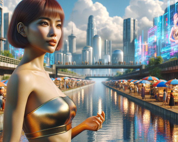 Futuristic cityscape with vibrant holograms and markets