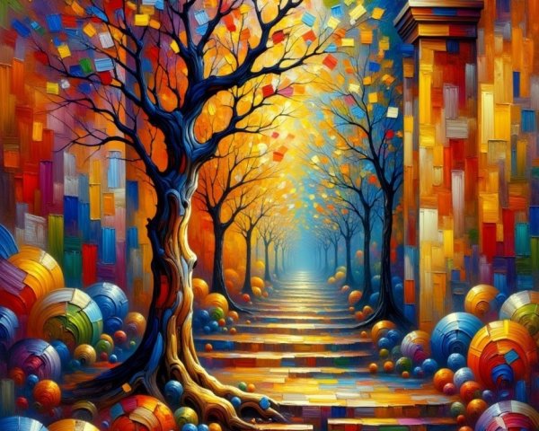 Vibrant Pathway with Abstract Trees and Glowing Archway