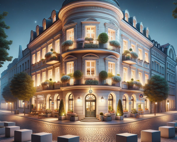 Elegant Corner Building at Night with Warm Glow