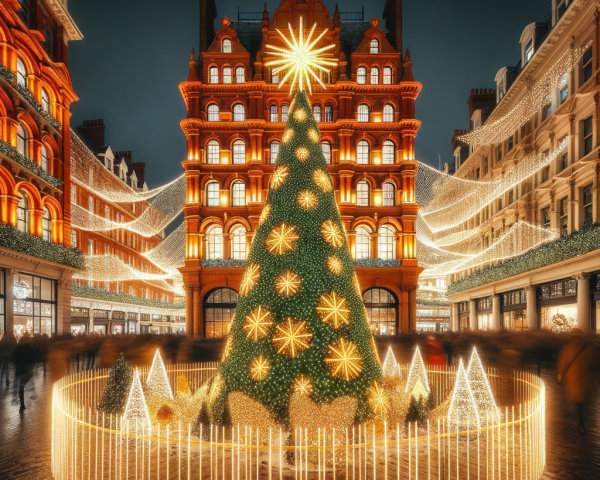 Ornate Christmas Tree in a City Square at Night