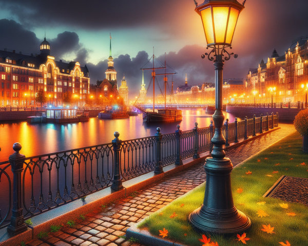 Dusk Riverside Scene with Lamp Post and Reflections