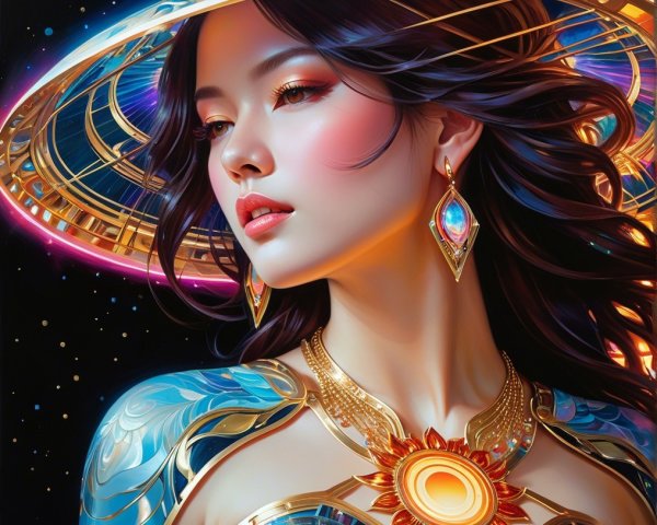 Portrait of a woman in vibrant attire with celestial hat