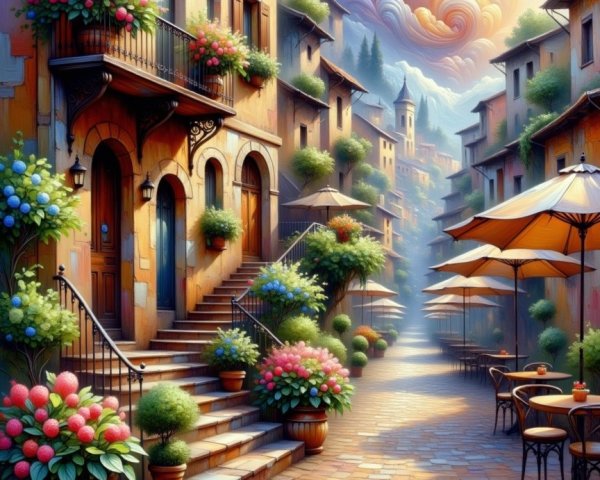 Charming Street with Colorful Flowers and Balconies