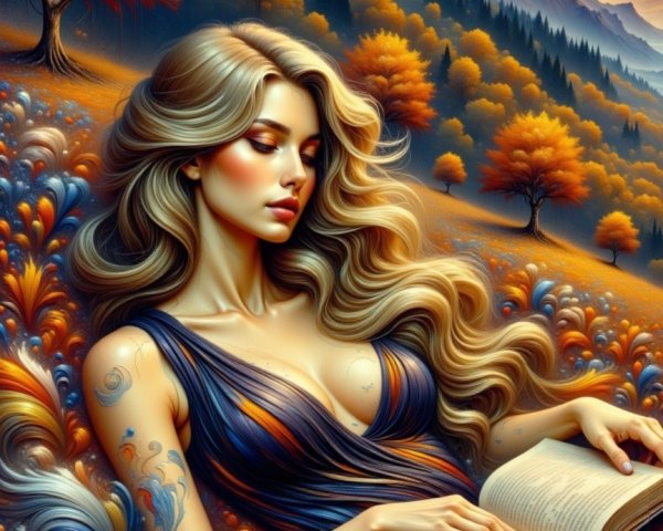 Woman in vibrant landscape reading a book in gown