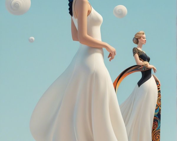 Stylized Female Figures Against Serene Blue Background