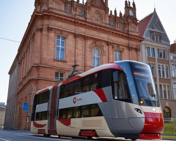 Modern Tram and Historic Architecture in City Scene
