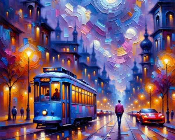 Vibrant Nighttime Scene with Blue Tram and Colorful Buildings
