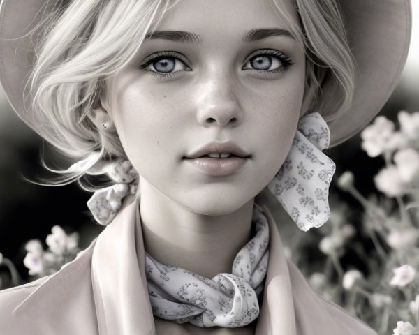 Young woman in a flower field with serene expression