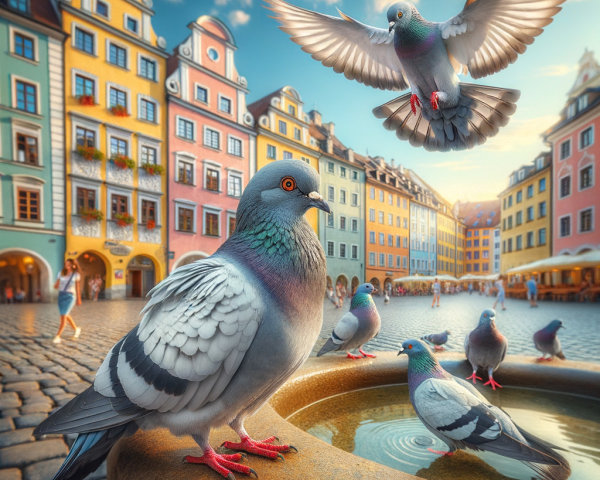 Pigeons and Fountain in a Colorful Urban Square
