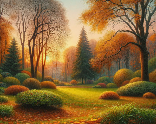 Serene Autumn Landscape with Vibrant Foliage and Sunset