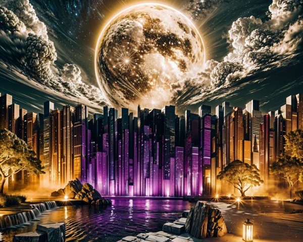 Futuristic cityscape with glowing moon and waterfalls