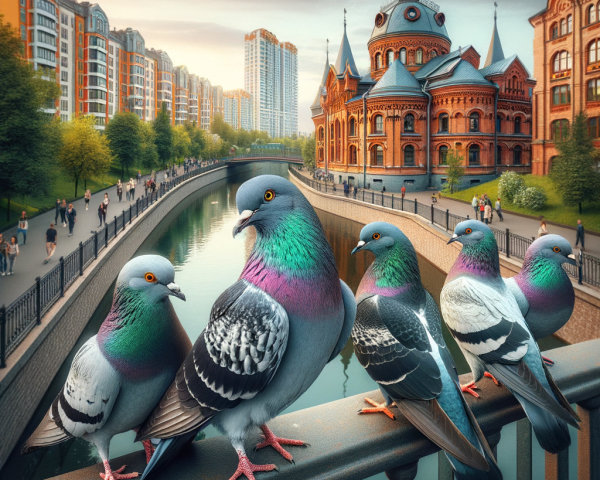 Colorful Pigeons by a Serene Canal at Sunset
