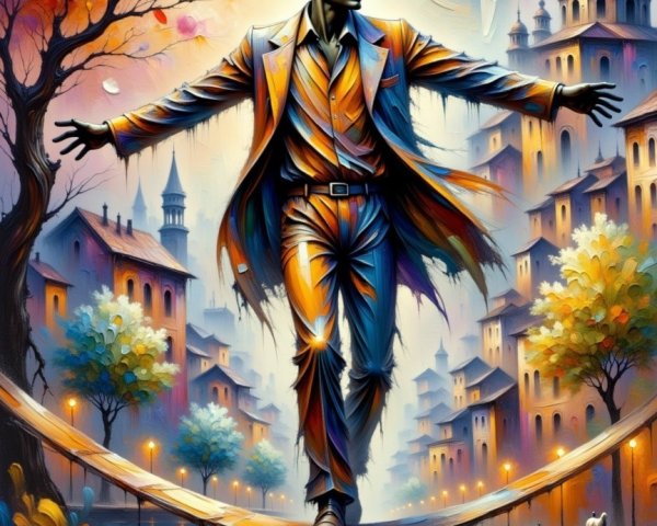 Surreal Tightrope Walker in Colorful Cityscape
