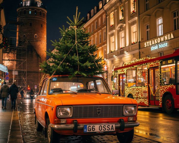 Orange Vintage Car with Christmas Tree at Night