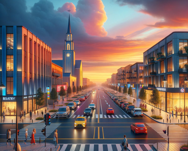 Urban Sunset Scene with Modern Buildings and People