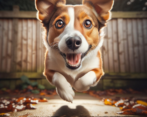 Joyful Dog Leaping with Autumn Background Elements