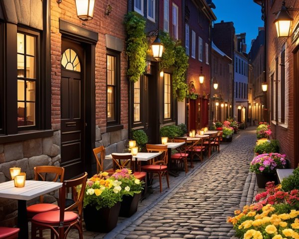 Charming Cobblestone Alley with Warm Street Lamps