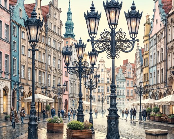 Ornate Street Lamps Illuminate Quaint Plaza Scene