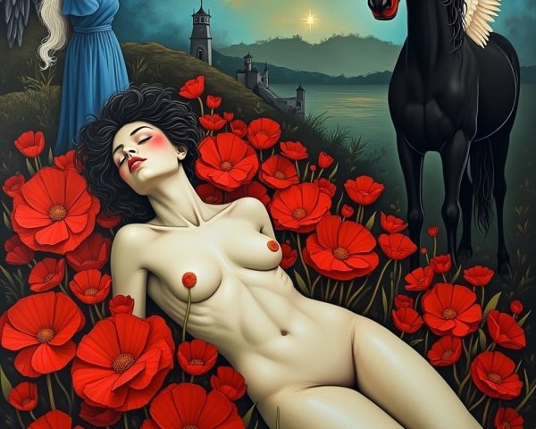 Surreal Scene with Woman, Horse, and Moonlit Landscape