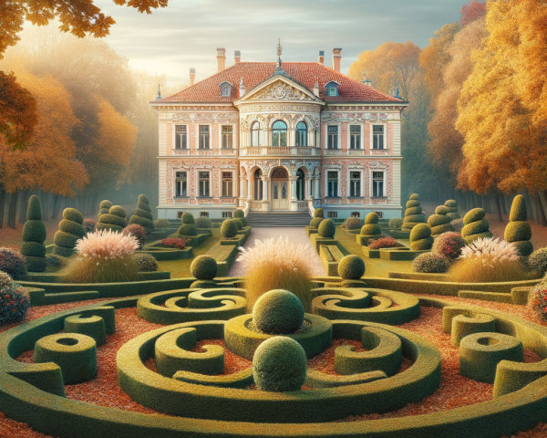 Grand Mansion with Sculpted Hedges and Autumn Foliage