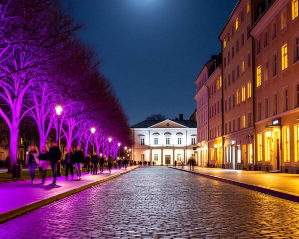 Cobblestone Street Scene Under Full Moon and Lights