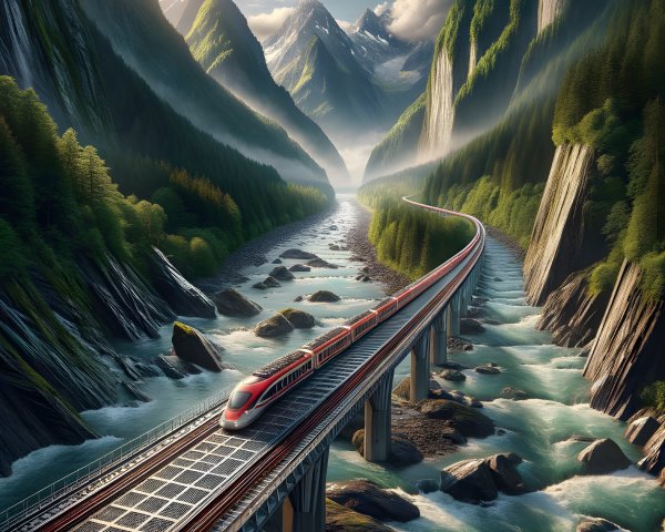 Red Train on Bridge Over Turquoise River and Mountains