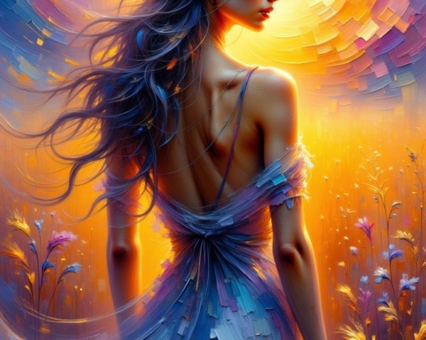 Sunset Silhouette with Flowing Hair and Ethereal Gown