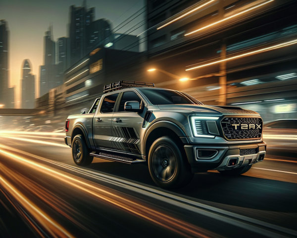 Sleek Truck in Vibrant Cityscape at Dusk