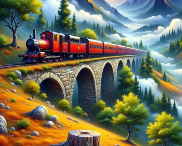 Steam Train on Stone Bridge in Vibrant Landscape