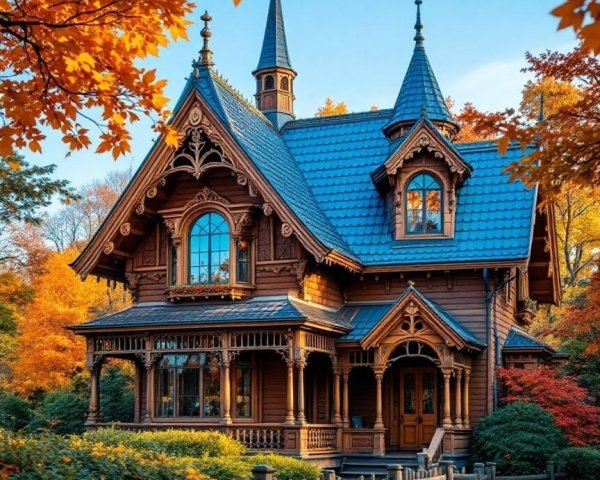 Victorian Wooden House Surrounded by Autumn Foliage