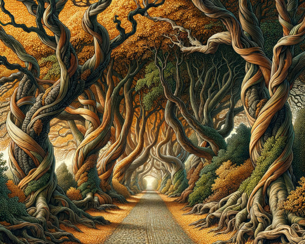 Pathway Through Enchanted Forest with Autumn Canopy