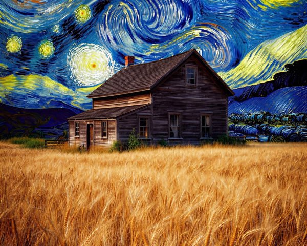 Van Gogh Style Night Scene of Farmhouse and Wheat Field
