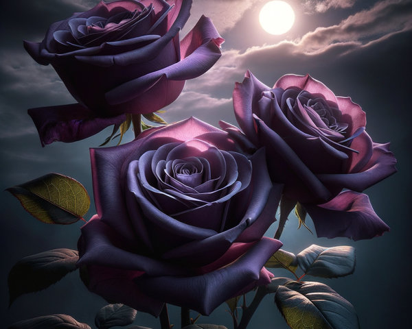 Purple Roses Blooming Under a Full Moon's Glow