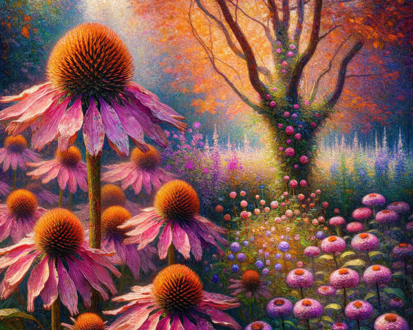 Vibrant Garden Scene with Colorful Echinacea Flowers